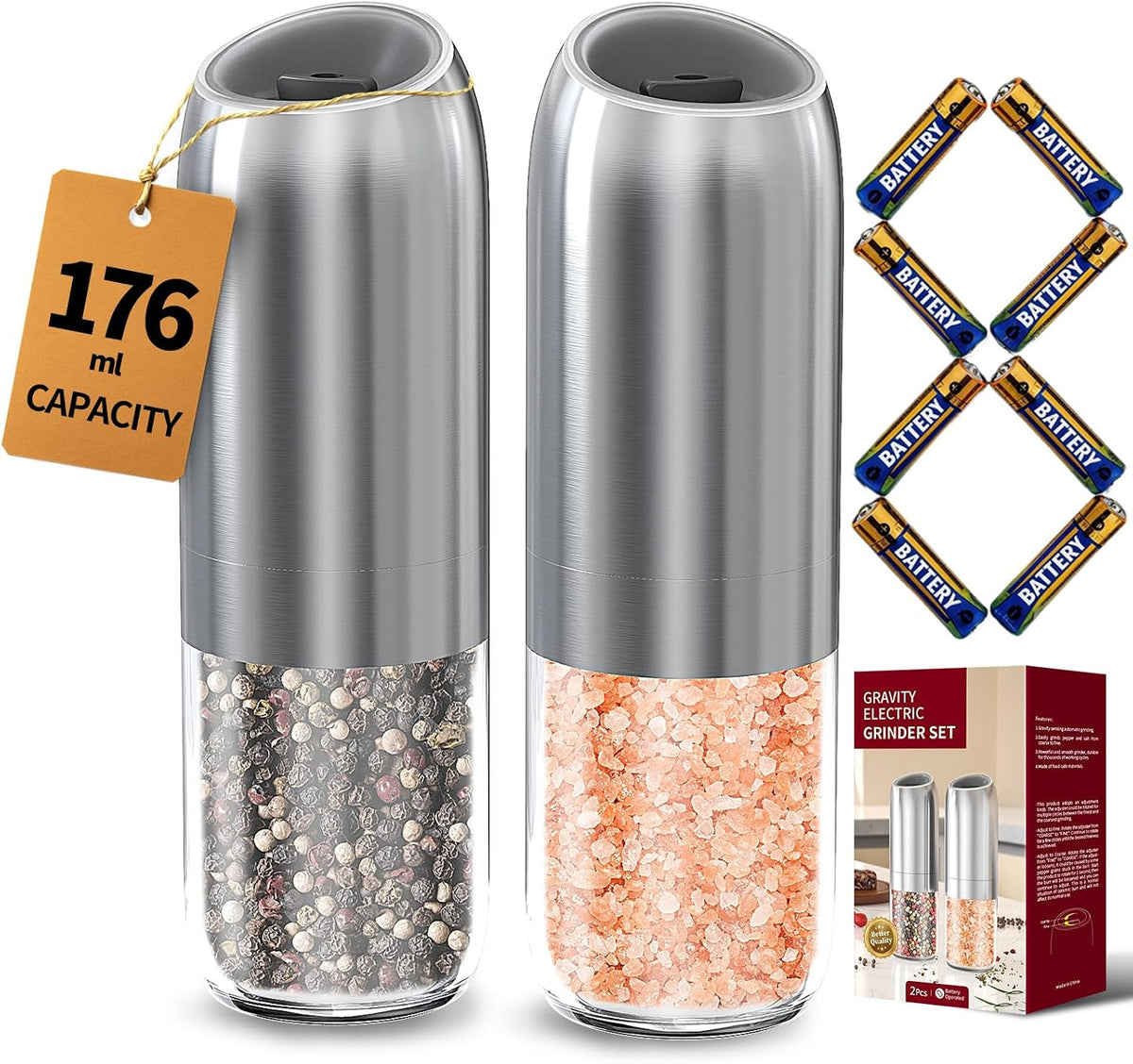 Special Offer - CIRCLE JOY Gravity Electric Salt and Pepper Grinder Set Automatic Salt and Pepper Grinder Set with LED Light, Battery Operated, Adjustable Coarseness, Large Capacity, for Home Kitchen BBQ, Black