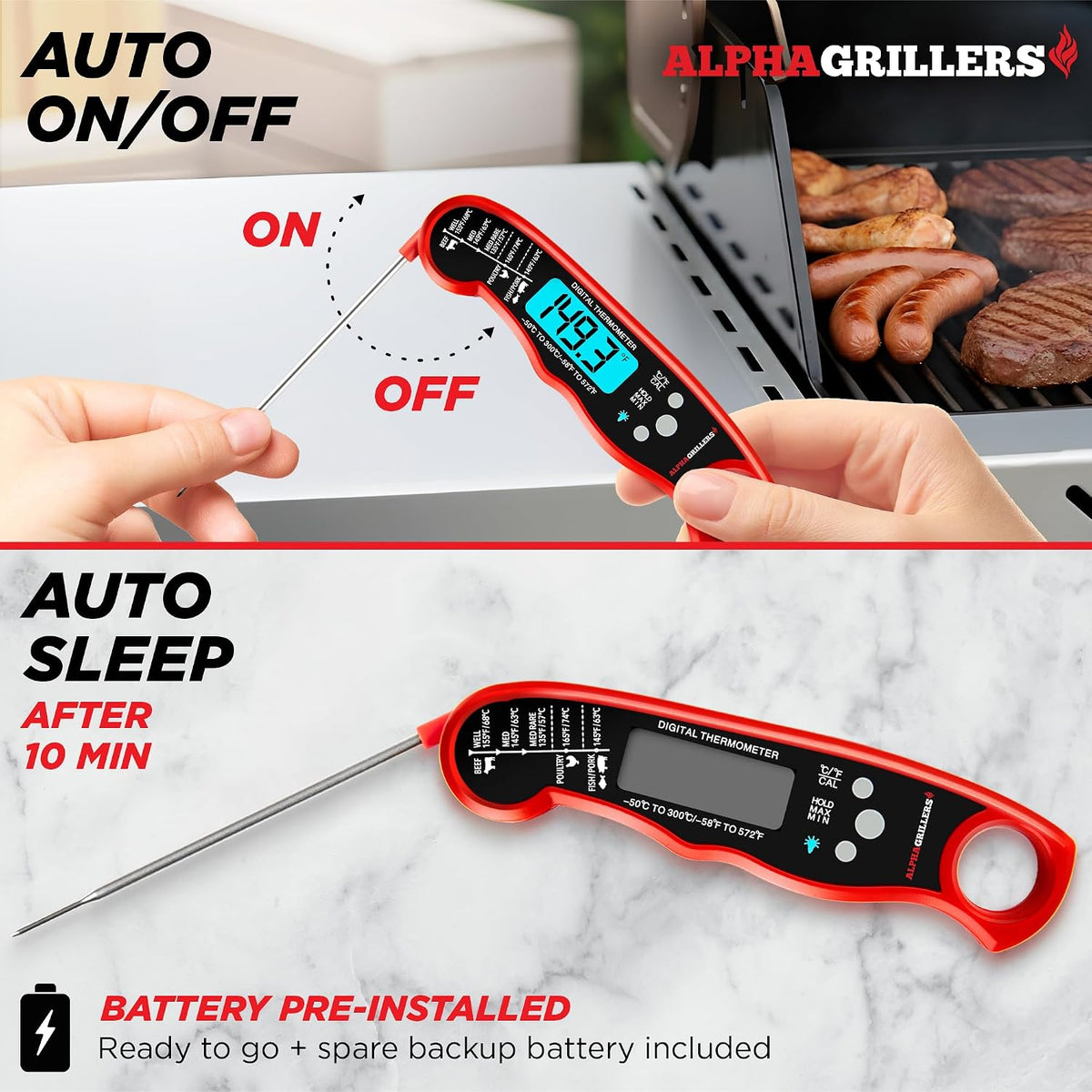 Great Value - Alpha Grillers Meat Thermometer Digital, Stocking Stuffers Gifts for Men - 1-2 Second Ultra-Fast Response Time, Bright Backlit Display, Waterproof (IP67), Pre-Calibrated & Ready to Use