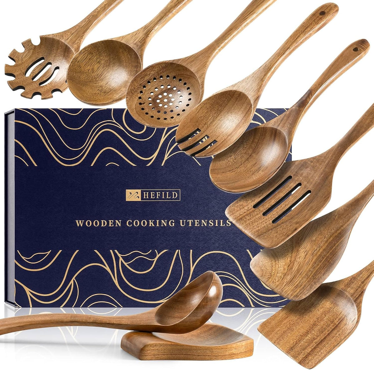 Hefild Wooden Spoons for Cooking, 10-Piece Acacia Wood Cooking Utensil Set - Spoons and spatulas stir, mix, flip and serve; balanced handles offer control while staying gentle on nonstick cookware.
