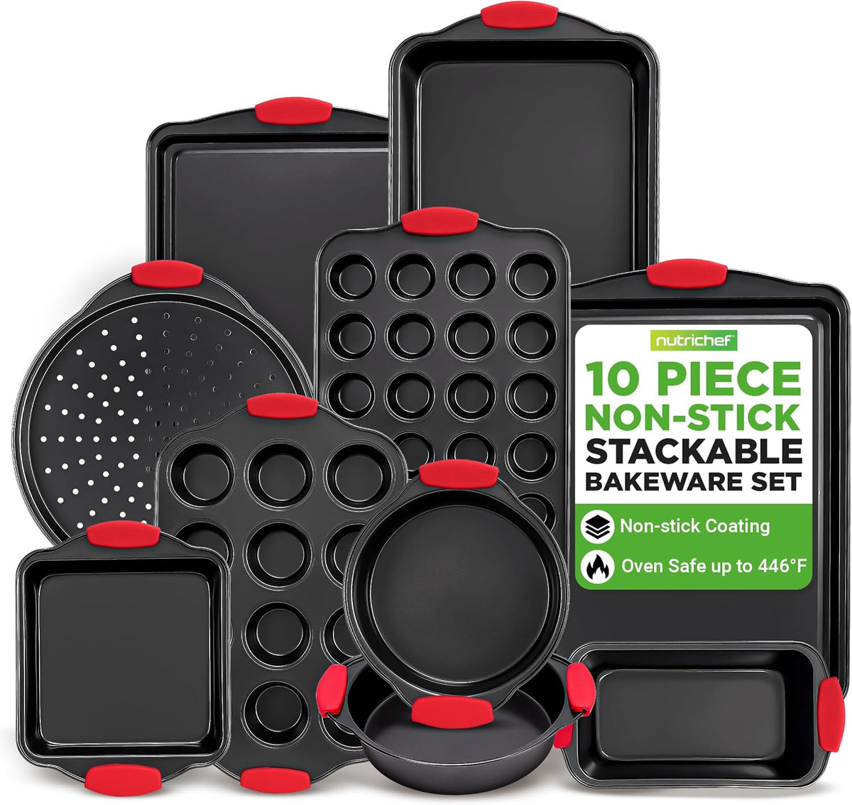 NutriChef 3?Piece Nonstick Cookie Sheets – Carbon Steel Baking Sheet Set with Non Stick Coating & Red Silicone Handles – Oven Pans for Family Baking