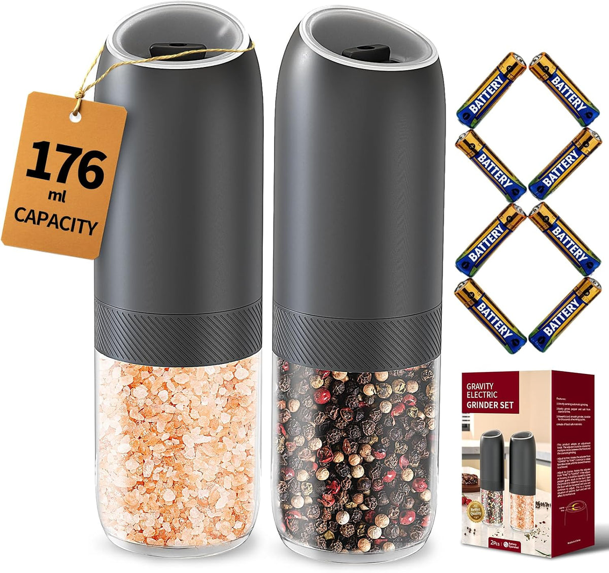 Special Offer - CIRCLE JOY Gravity Electric Salt and Pepper Grinder Set Automatic Salt and Pepper Grinder Set with LED Light, Battery Operated, Adjustable Coarseness, Large Capacity, for Home Kitchen BBQ, Black