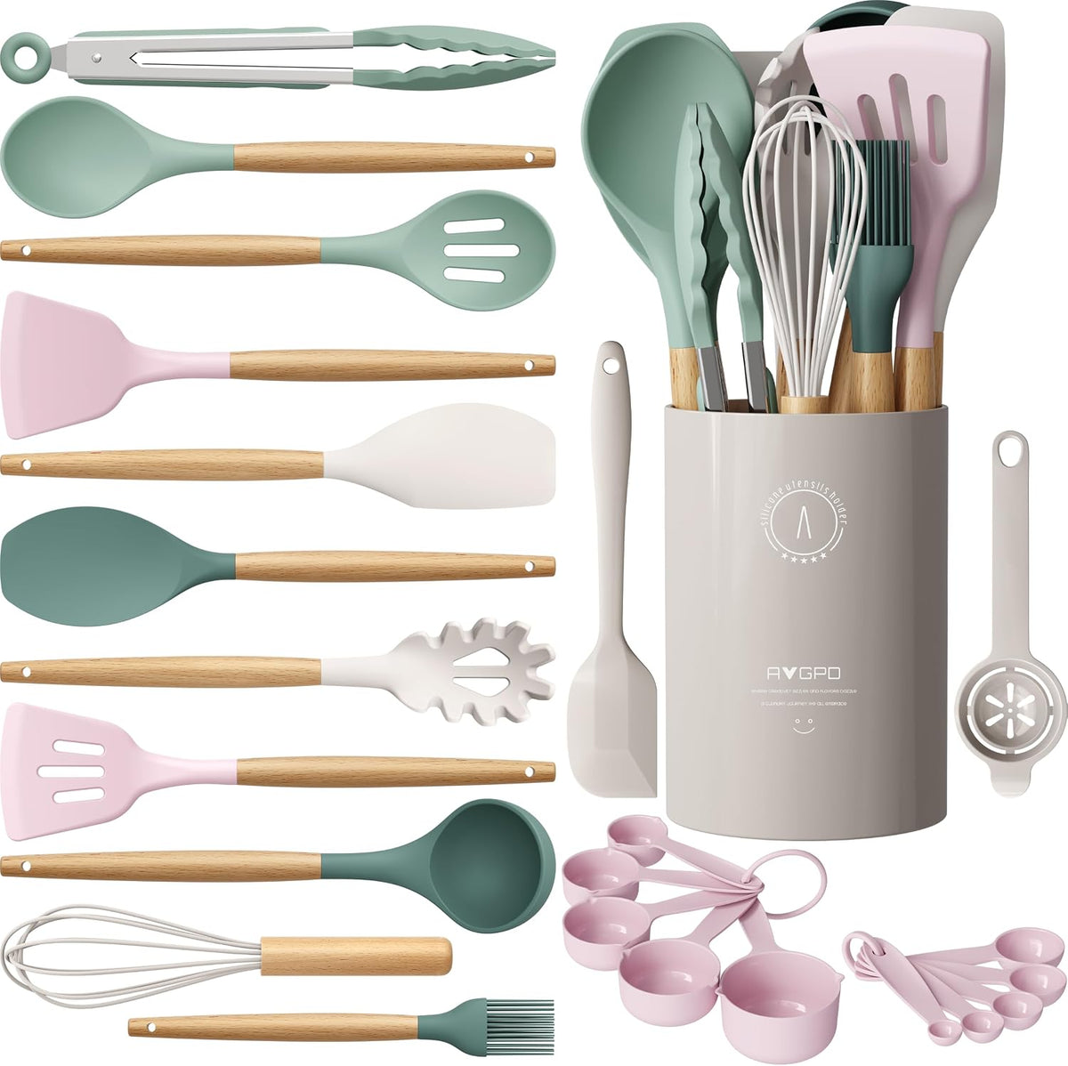 Hot Sale - Silicone Kitchen Utensils Set, Heat-Resistant Cooking Utensils, BPA-Free - Food-grade Silicone Spatula Set for Nonstick Cookware, Wooden Handle, Wedding Registry, New Home Housewarming Gift, Black