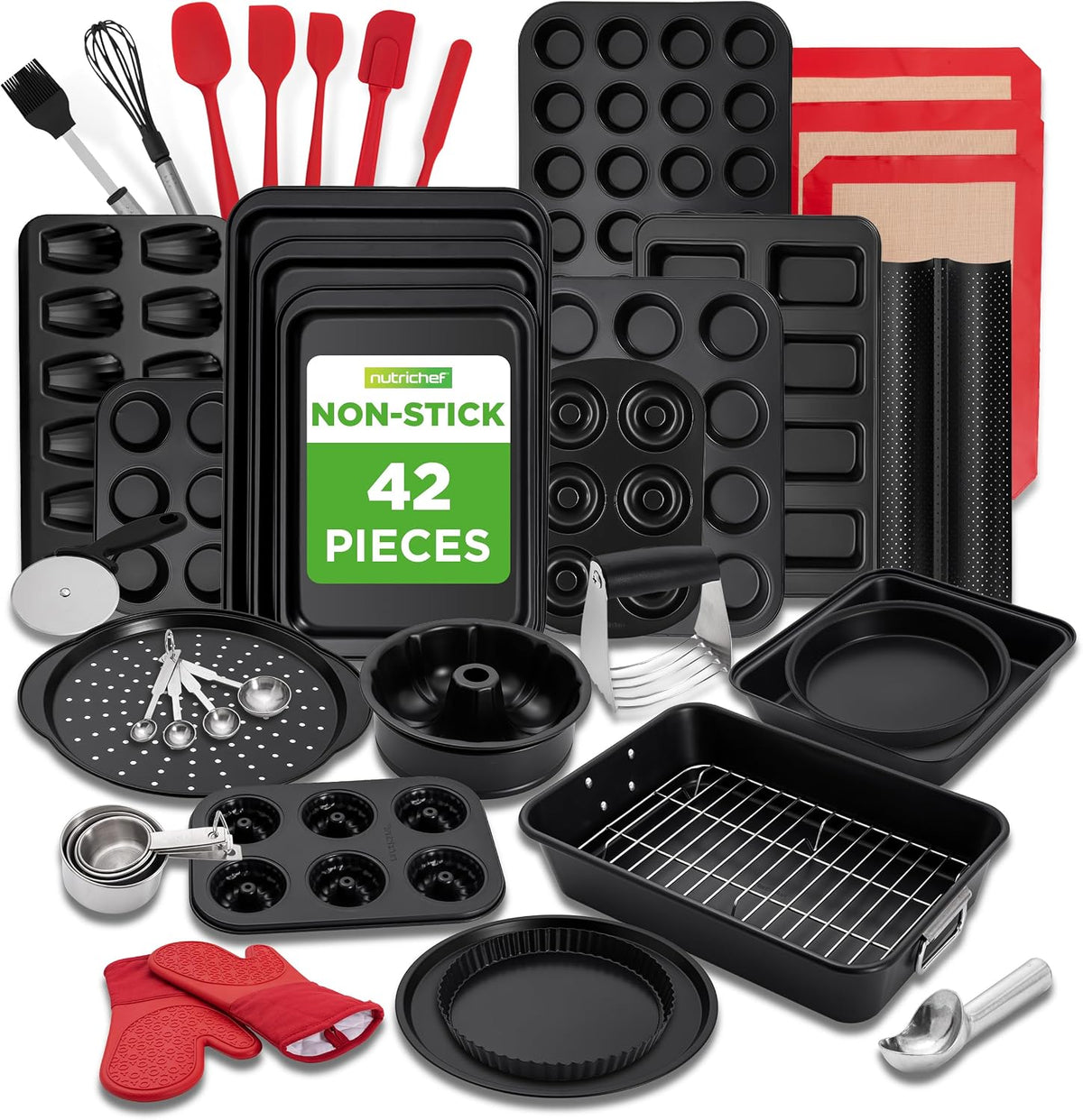 NutriChef 3?Piece Nonstick Cookie Sheets – Carbon Steel Baking Sheet Set with Non Stick Coating & Red Silicone Handles – Oven Pans for Family Baking