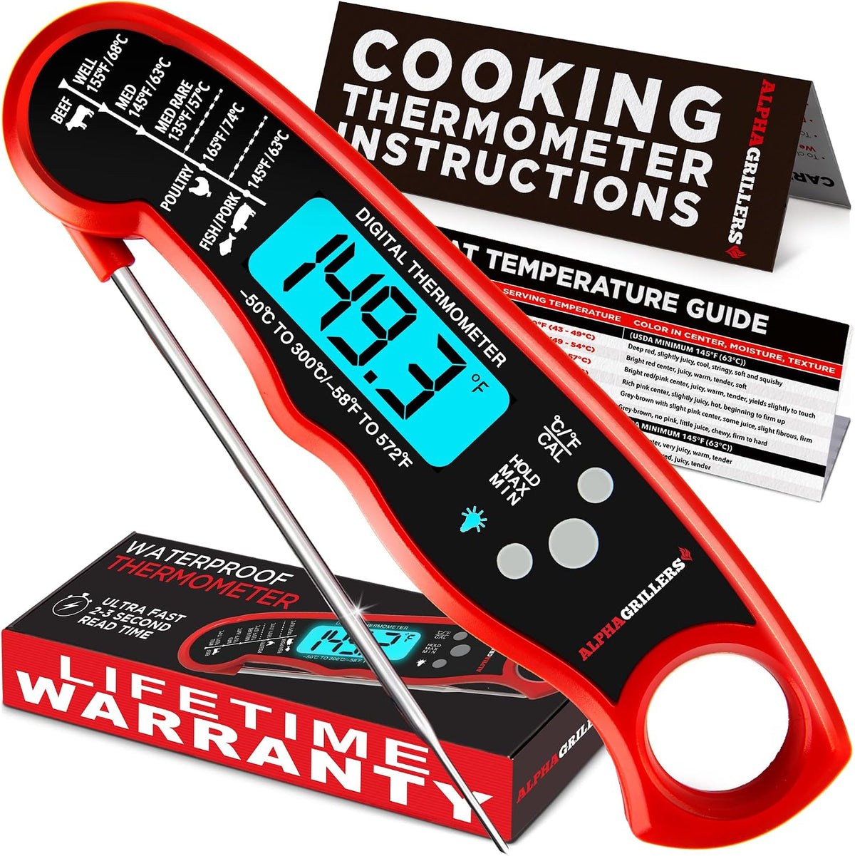 Great Value - Alpha Grillers Meat Thermometer Digital, Stocking Stuffers Gifts for Men - 1-2 Second Ultra-Fast Response Time, Bright Backlit Display, Waterproof (IP67), Pre-Calibrated & Ready to Use