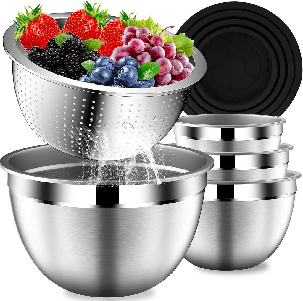 Great Value - Mixing Bowls with Lids Set, Stainless Steel Mixing Bowl with Colander - Home and Kitchen Essential incl. Strainer 3 Qt with Mixing Bowl 1.5/2/2.5/3/4.5Qt for Fruit, Salad, Serving, Cooking - Black