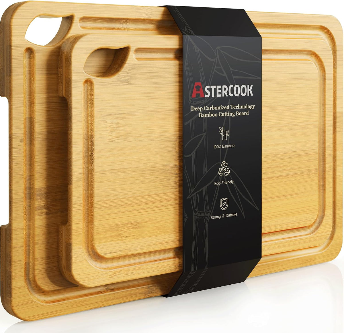 Hot Sale - Astercook Deep-Carbonized Bamboo Cutting Boards for Kitchen with Wood Storage Stand, Reversible Charcuterie & Chopping Boards with Juice Grooves and Easy-Grip Handles, Fathers Day Gift for Men