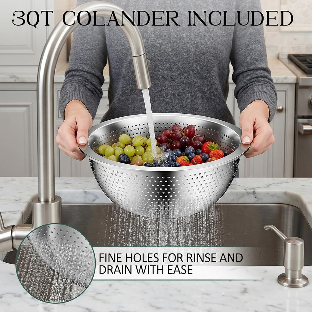 Great Value - Mixing Bowls with Lids Set, Stainless Steel Mixing Bowl with Colander - Home and Kitchen Essential incl. Strainer 3 Qt with Mixing Bowl 1.5/2/2.5/3/4.5Qt for Fruit, Salad, Serving, Cooking - Black
