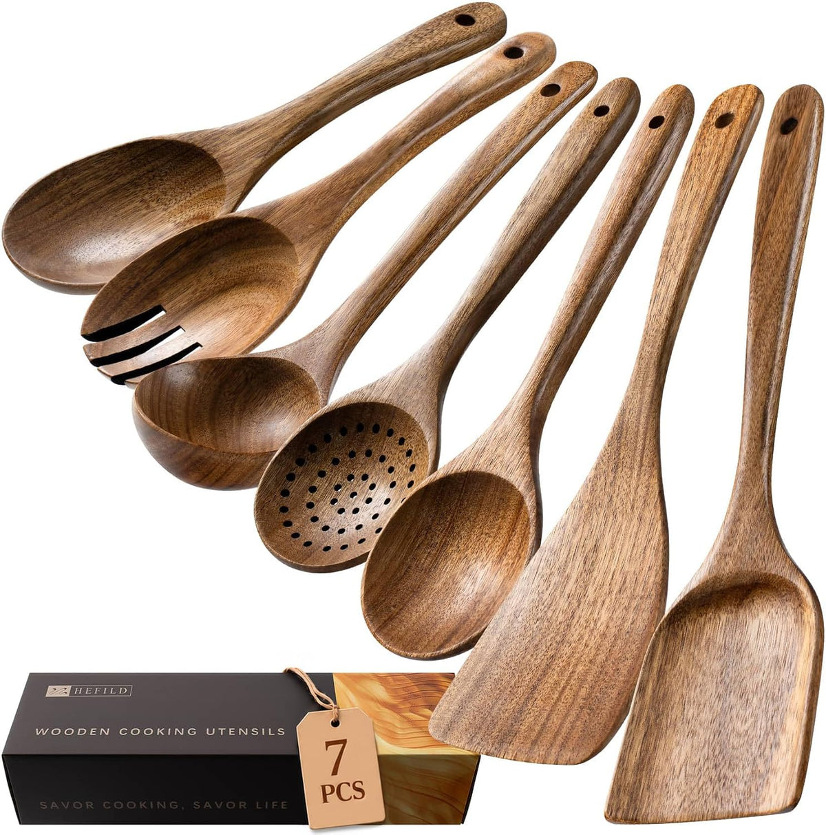 Hefild Wooden Spoons for Cooking, 10-Piece Acacia Wood Cooking Utensil Set - Spoons and spatulas stir, mix, flip and serve; balanced handles offer control while staying gentle on nonstick cookware.