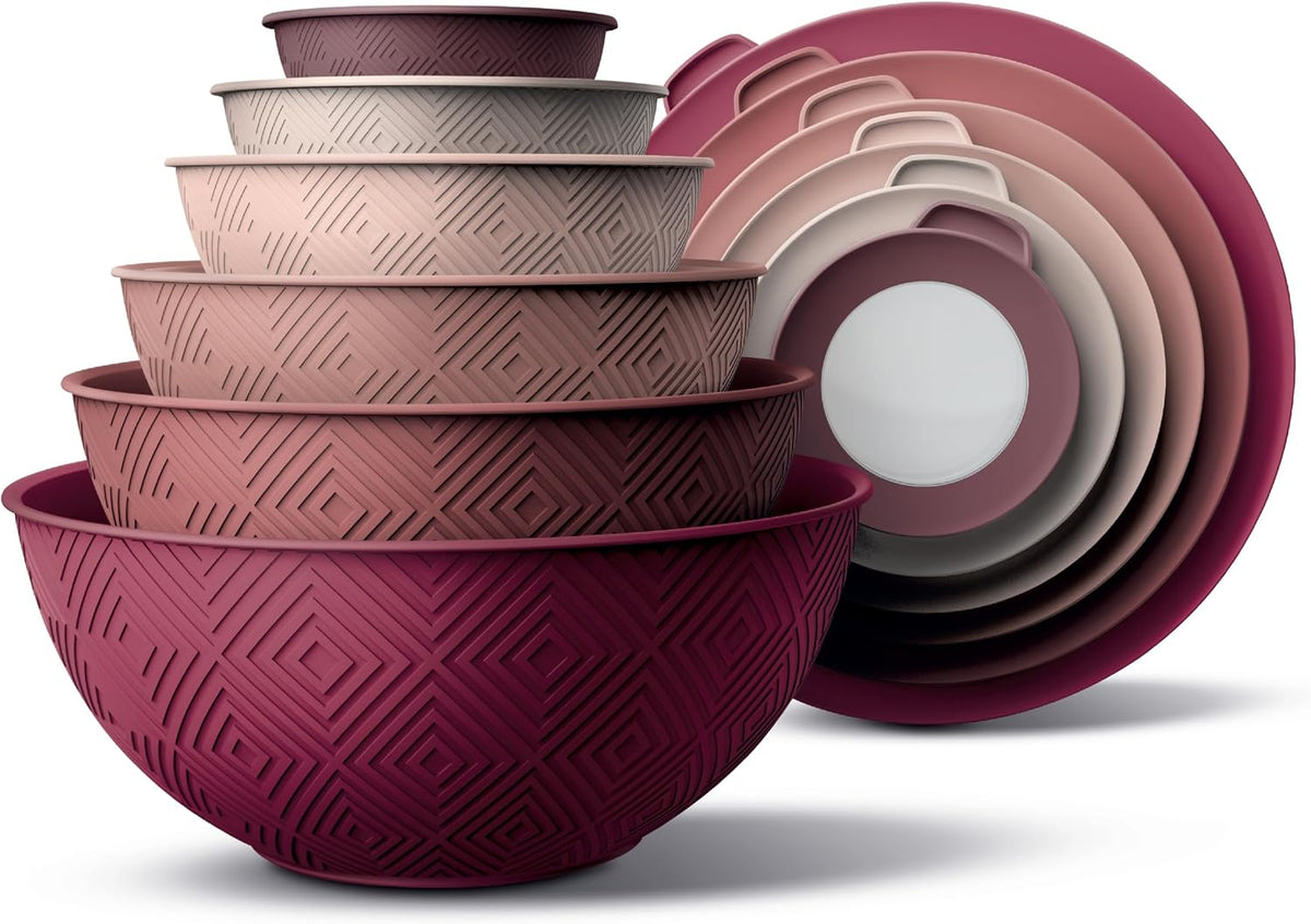 Special Offer - COOK WITH COLOR Mixing Bowls with Lids - 12 Piece Plastic Nesting Bowls Set includes 6 Prep Bowls and 6 Lids, Microwave Safe Mixing Bowl Set, Brown Embossed