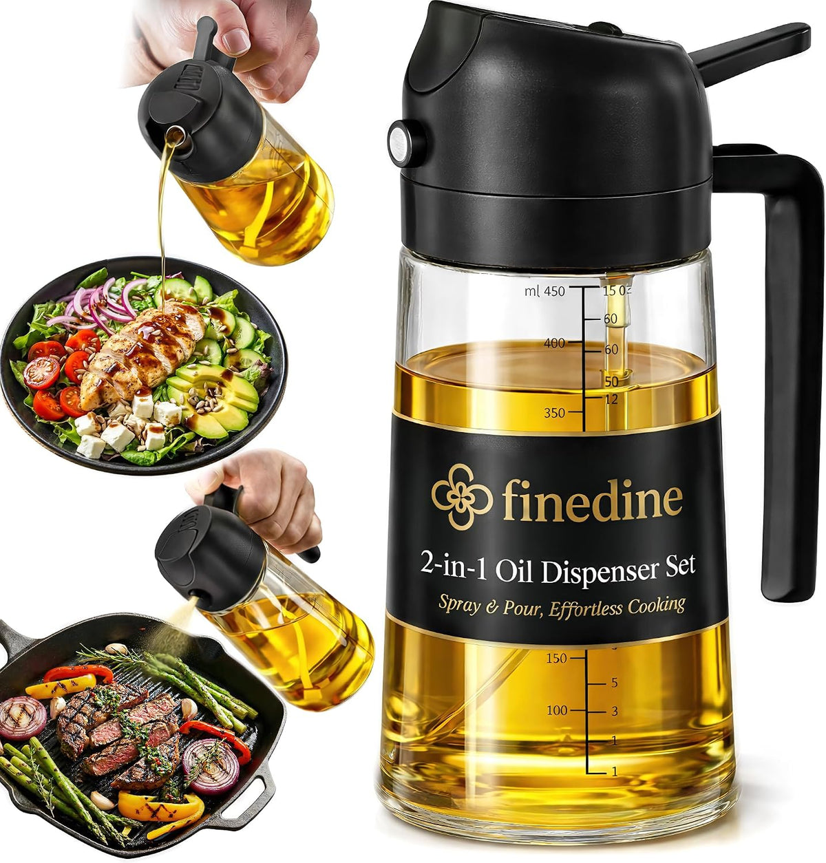 Limited-Time Deal - FineDine 16 oz Glass Olive Oil Sprayer for Cooking, Oil Dispenser, Black - Glass 2-in-1 olive oil dispenser bottle, oil dispenser for kitchen, oil spray bottle, mist or stream, anti-drip spout, salads