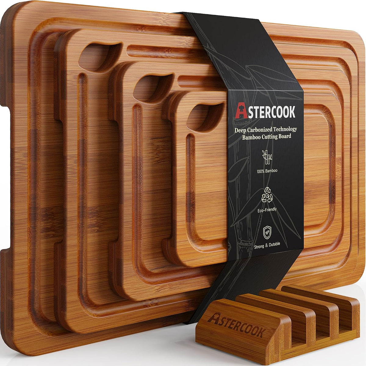 Hot Sale - Astercook Deep-Carbonized Bamboo Cutting Boards for Kitchen with Wood Storage Stand, Reversible Charcuterie & Chopping Boards with Juice Grooves and Easy-Grip Handles, Fathers Day Gift for Men