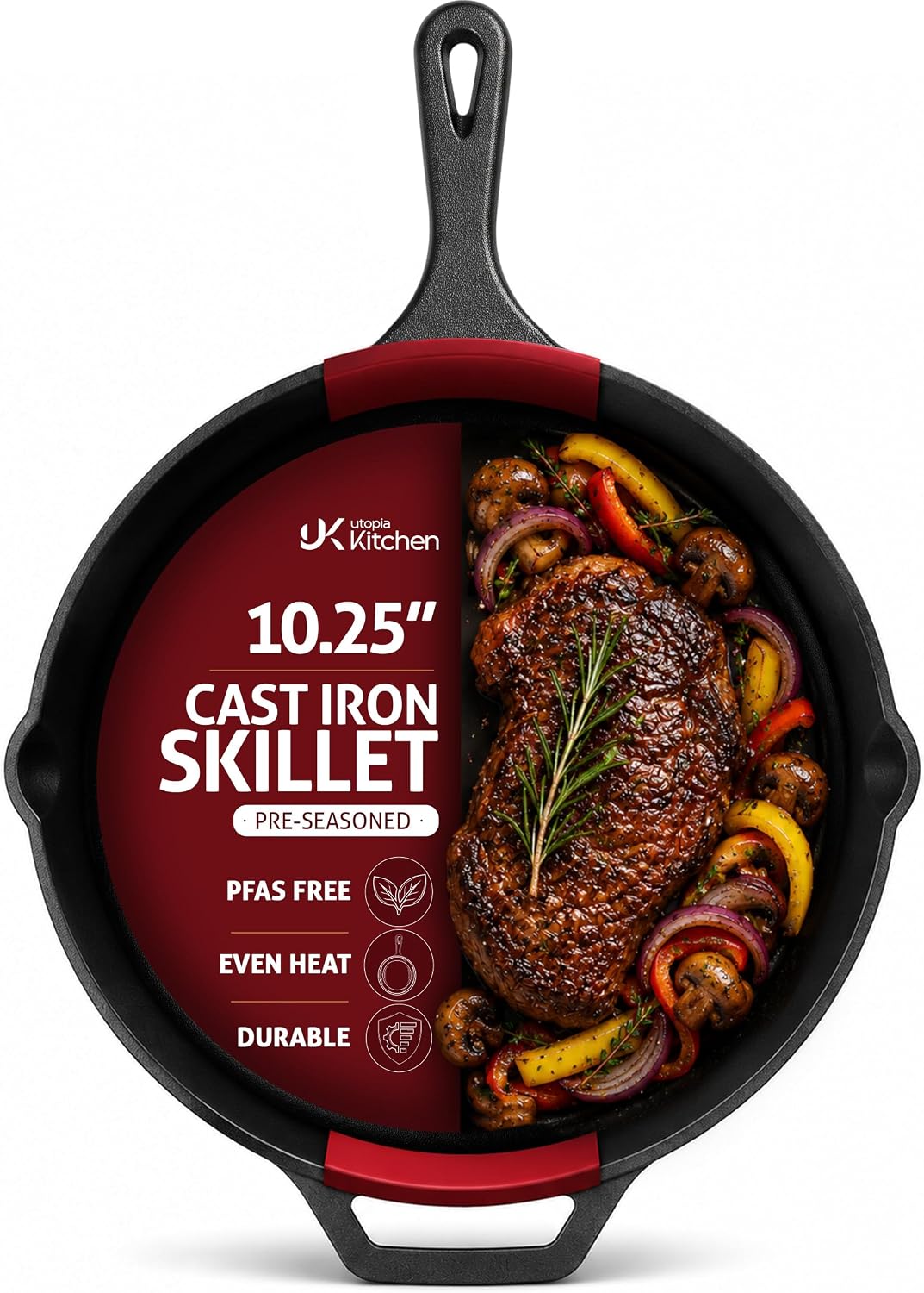 Limited-Time Deal - Utopia Kitchen Cast Iron Skillet 12 Inch Pre-Seasoned PFAS-Free Black - Chef Pan, Even Heat Distribution, Stovetop, Oven, Campfire and Grill Safe, Large Skillet, Indoor Outdoor Use