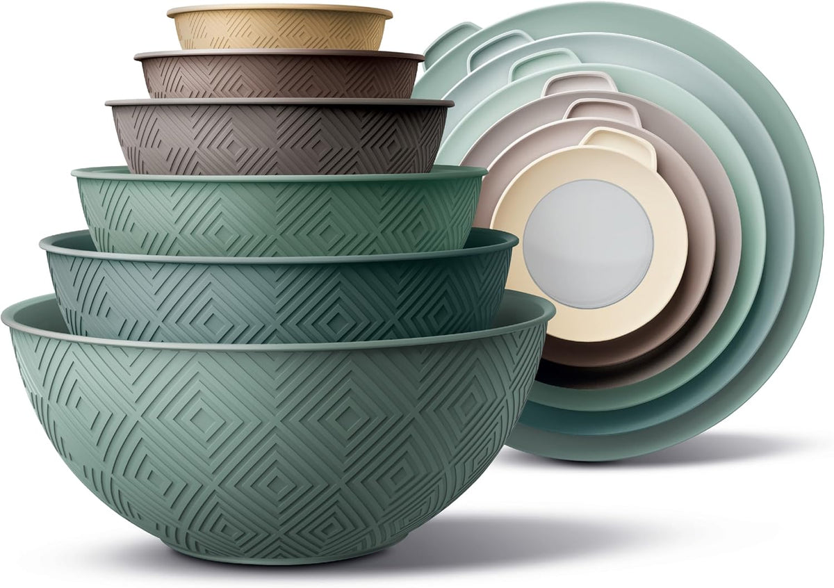 Special Offer - COOK WITH COLOR Mixing Bowls with Lids - 12 Piece Plastic Nesting Bowls Set includes 6 Prep Bowls and 6 Lids, Microwave Safe Mixing Bowl Set, Brown Embossed