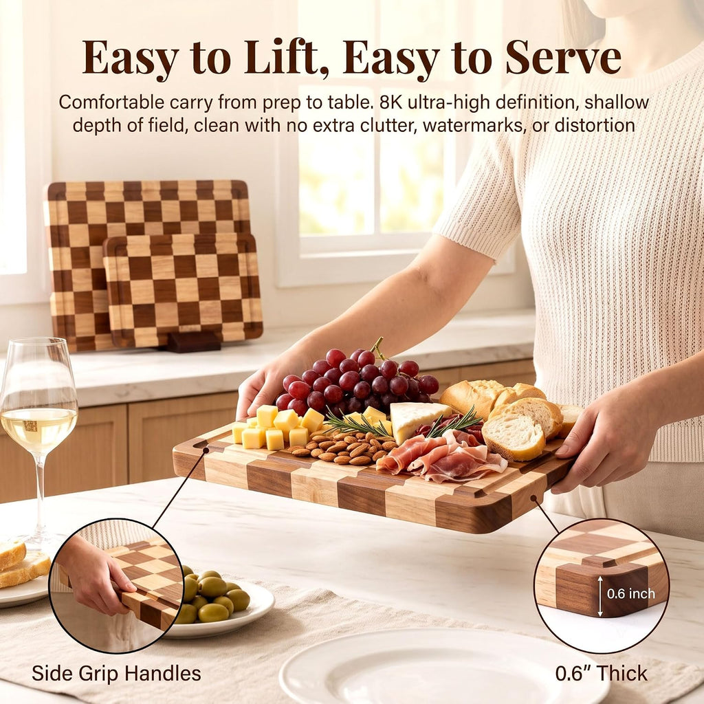 Flash Sale - Checkered Oak Wood Cutting Board Set of 3, Cutting Boards for Kitchen - Non-Toxic, Cutting Board with Stand Juice Groove for Cleaner Prep, Cooked Food Serving, and Upright Storage
