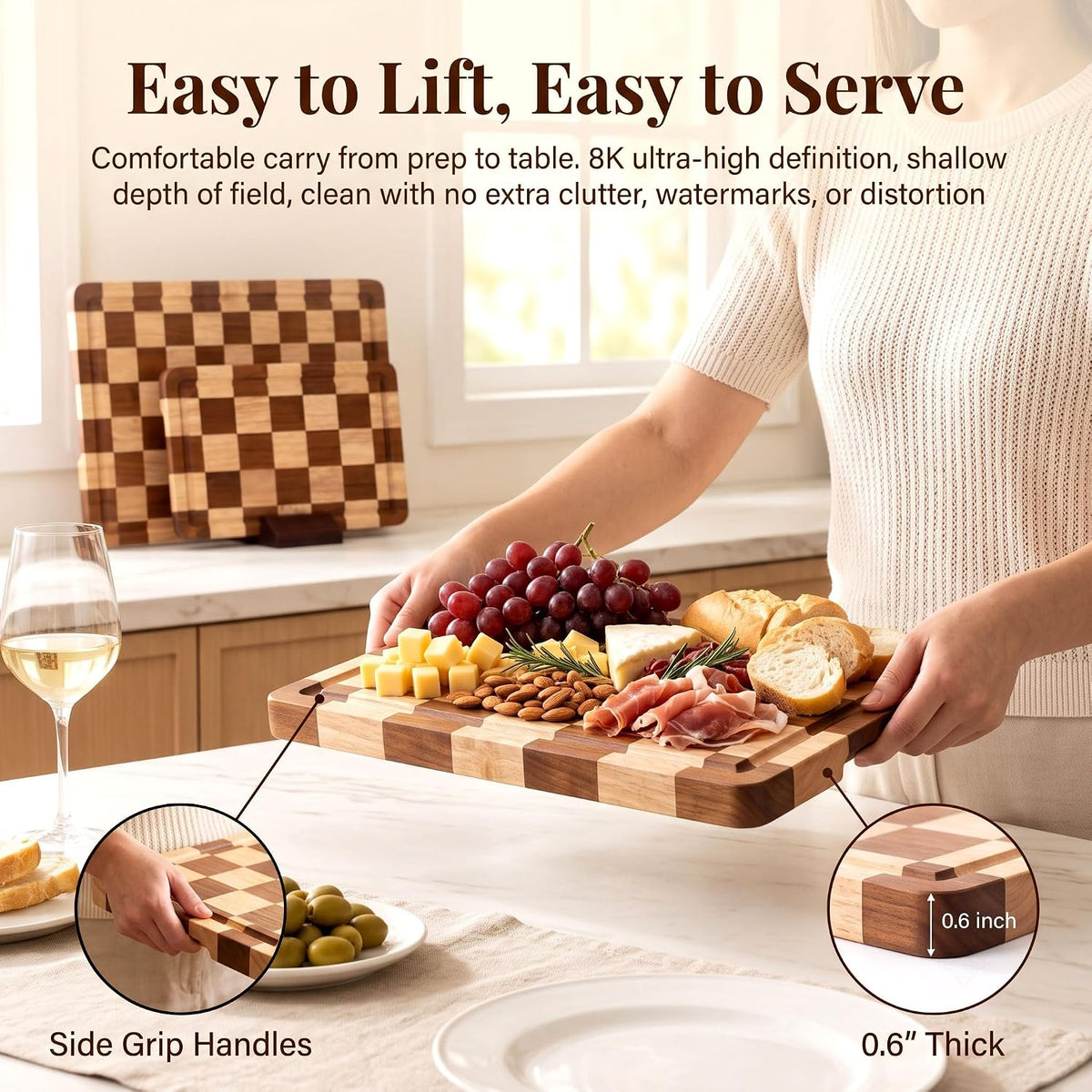 Flash Sale - Checkered Oak Wood Cutting Board Set of 3, Cutting Boards for Kitchen - Non-Toxic, Cutting Board with Stand Juice Groove for Cleaner Prep, Cooked Food Serving, and Upright Storage