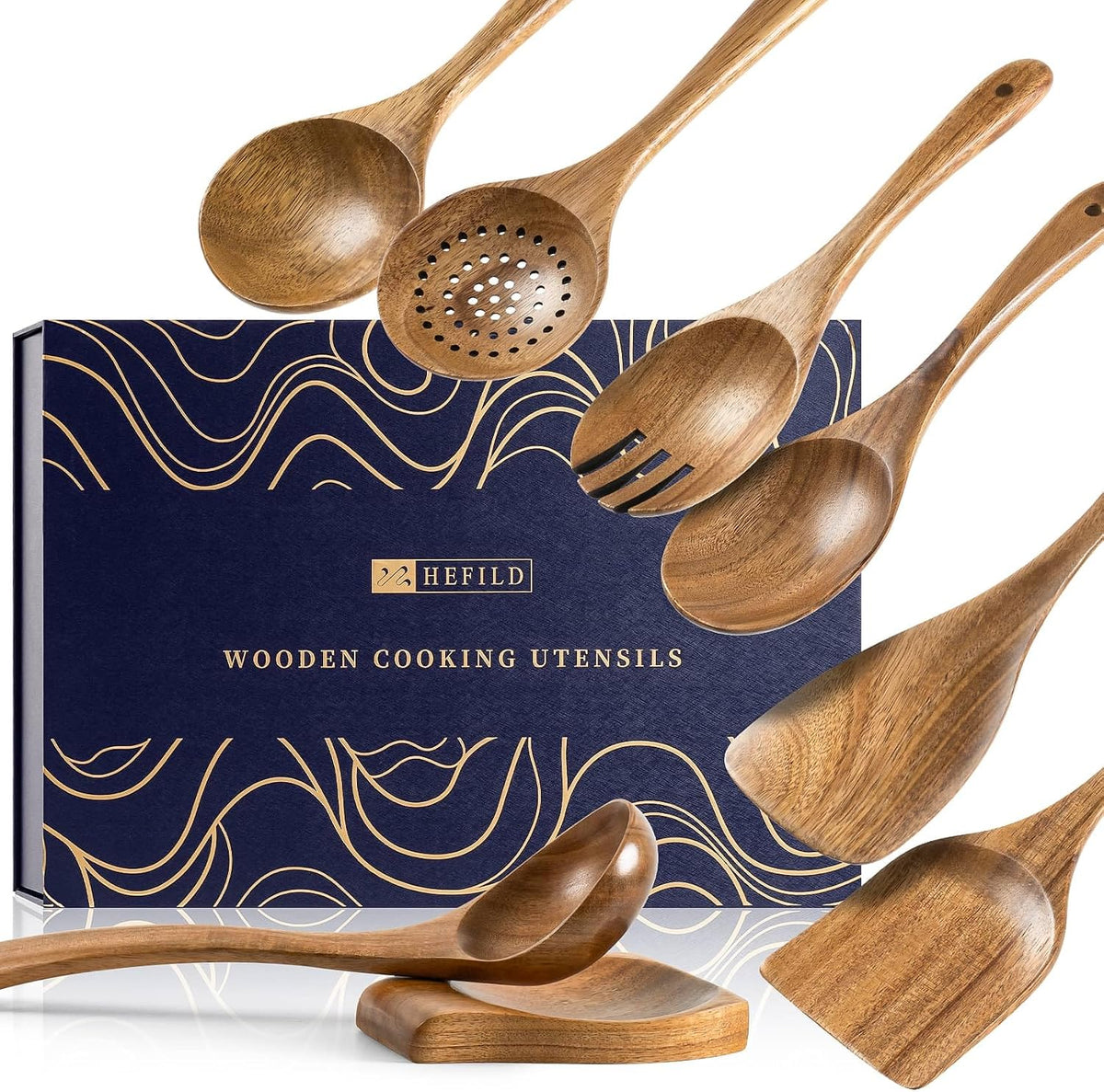 Hefild Wooden Spoons for Cooking, 10-Piece Acacia Wood Cooking Utensil Set - Spoons and spatulas stir, mix, flip and serve; balanced handles offer control while staying gentle on nonstick cookware.