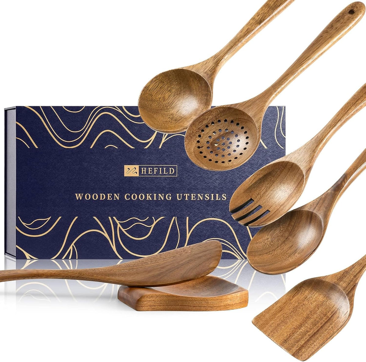 Hefild Wooden Spoons for Cooking, 10-Piece Acacia Wood Cooking Utensil Set - Spoons and spatulas stir, mix, flip and serve; balanced handles offer control while staying gentle on nonstick cookware.