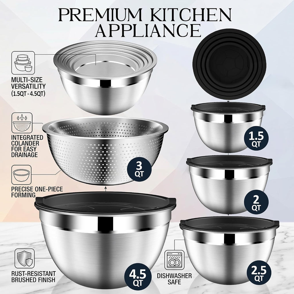 Great Value - Mixing Bowls with Lids Set, Stainless Steel Mixing Bowl with Colander - Home and Kitchen Essential incl. Strainer 3 Qt with Mixing Bowl 1.5/2/2.5/3/4.5Qt for Fruit, Salad, Serving, Cooking - Black