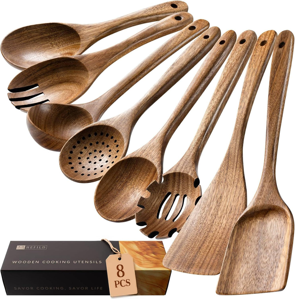 Hefild Wooden Spoons for Cooking, 10-Piece Acacia Wood Cooking Utensil Set - Spoons and spatulas stir, mix, flip and serve; balanced handles offer control while staying gentle on nonstick cookware.