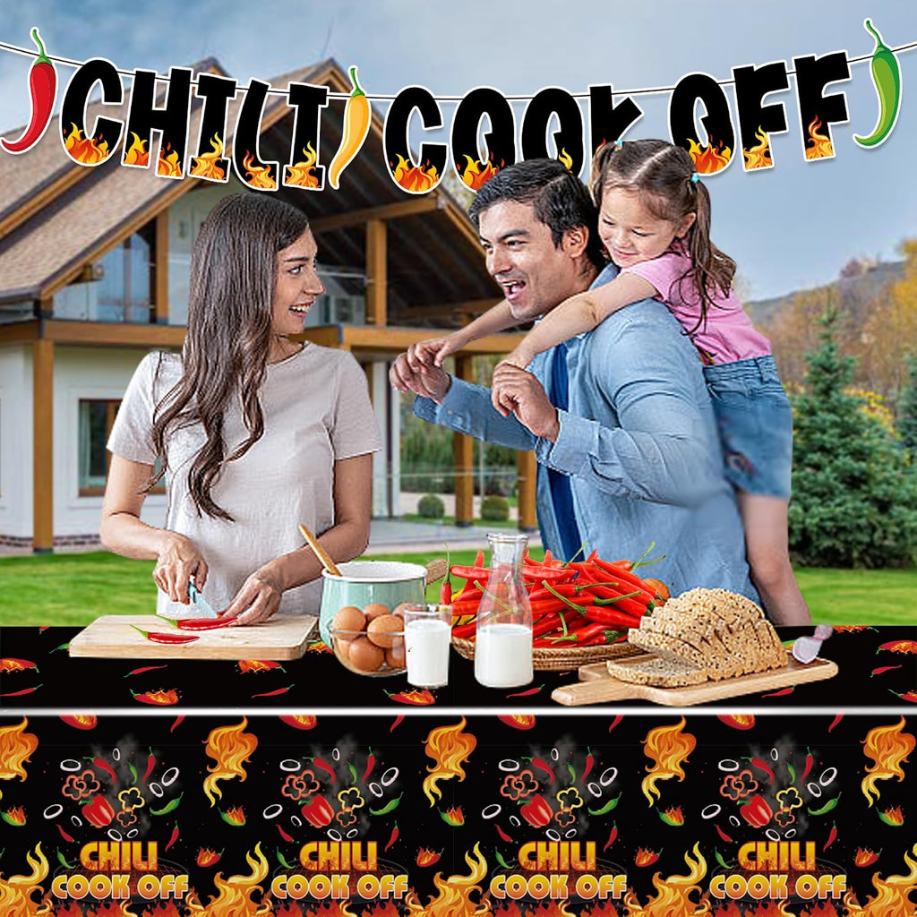 Limited-Time Deal - 4 Pcs Black Chili Cook Off Table Decoration Set, Chilis Pepper Party Decor - Disposable 108 x 54 Chilis Peppers Flame Table Covers 33 Ft Cooking Chili Contest Banner Ornaments Party Supplies