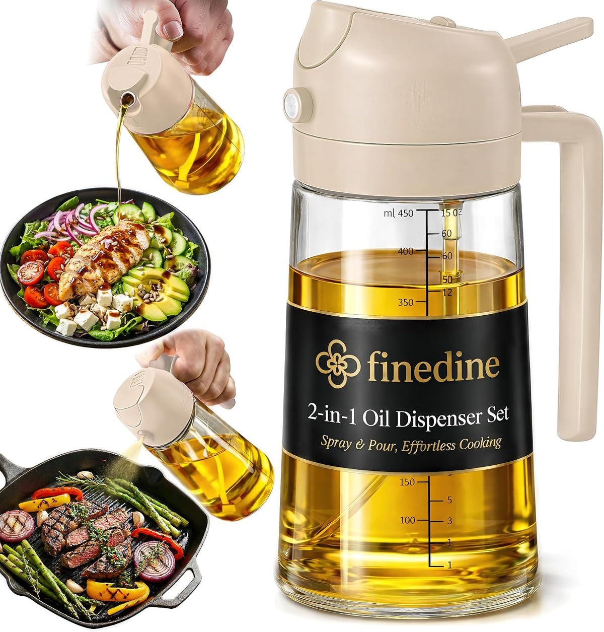 Limited-Time Deal - FineDine 16 oz Glass Olive Oil Sprayer for Cooking, Oil Dispenser, Black - Glass 2-in-1 olive oil dispenser bottle, oil dispenser for kitchen, oil spray bottle, mist or stream, anti-drip spout, salads