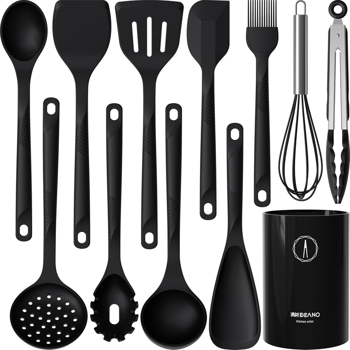 Hot Sale - Silicone Cooking Utensils Set - 600°F Heat Resistant, Nonstick Kitchen Utensil Set with Spatulas, Spoons, Whisk, Tongs, BPA Free, Dishwasher Safe, Black