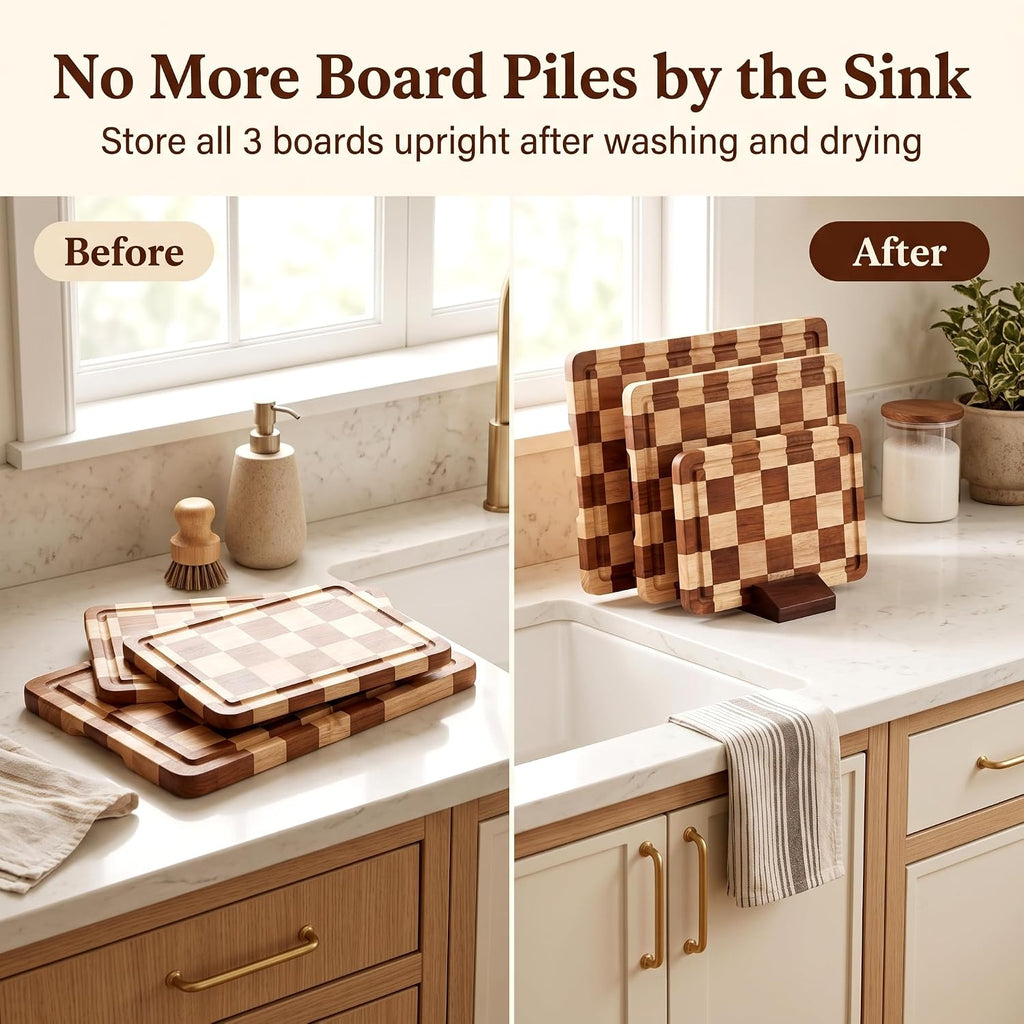 Flash Sale - Checkered Oak Wood Cutting Board Set of 3, Cutting Boards for Kitchen - Non-Toxic, Cutting Board with Stand Juice Groove for Cleaner Prep, Cooked Food Serving, and Upright Storage