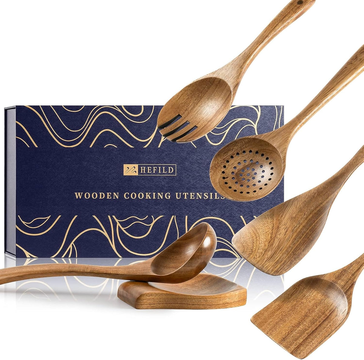 Hefild Wooden Spoons for Cooking, 10-Piece Acacia Wood Cooking Utensil Set - Spoons and spatulas stir, mix, flip and serve; balanced handles offer control while staying gentle on nonstick cookware.
