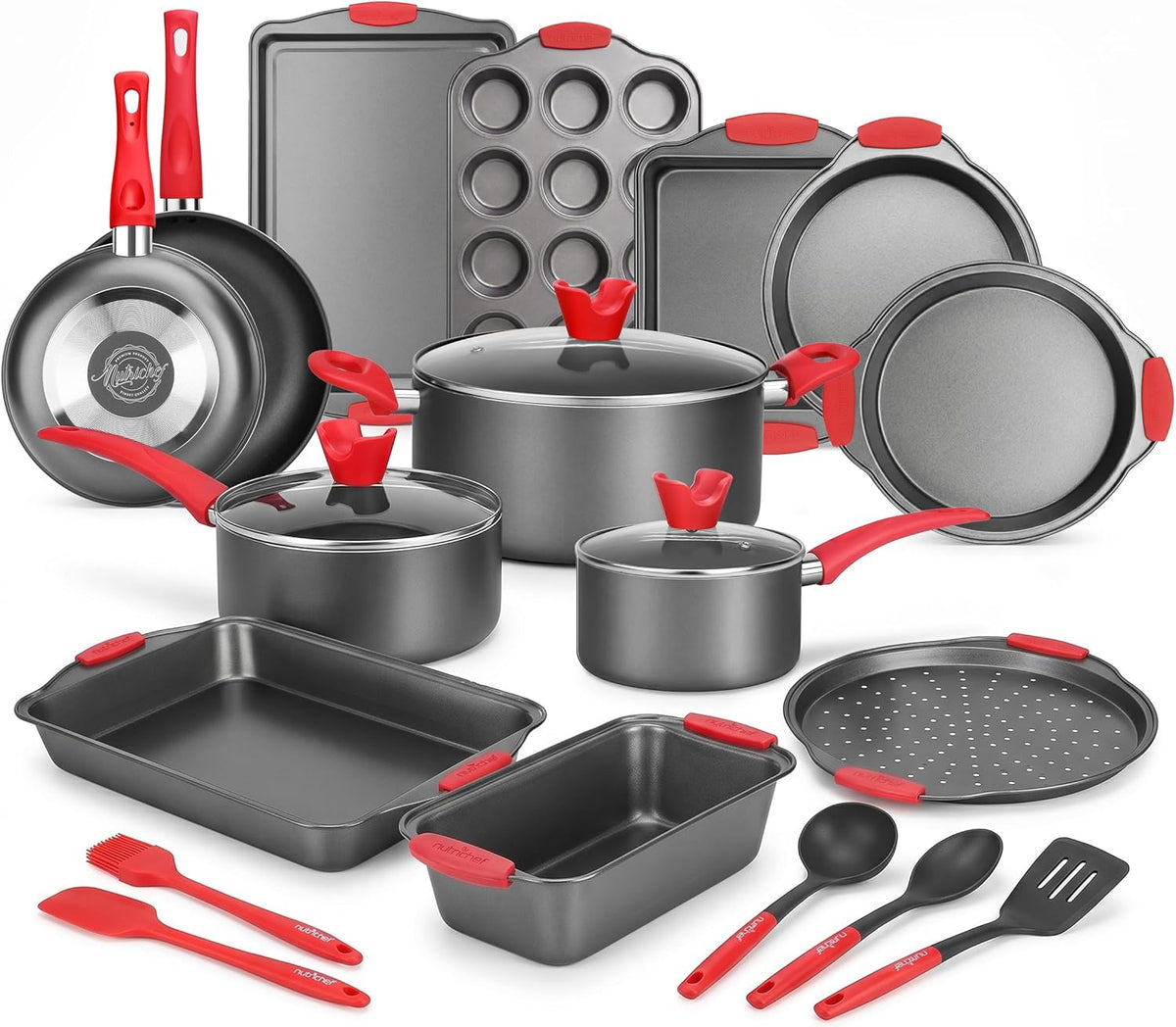 NutriChef 3?Piece Nonstick Cookie Sheets – Carbon Steel Baking Sheet Set with Non Stick Coating & Red Silicone Handles – Oven Pans for Family Baking