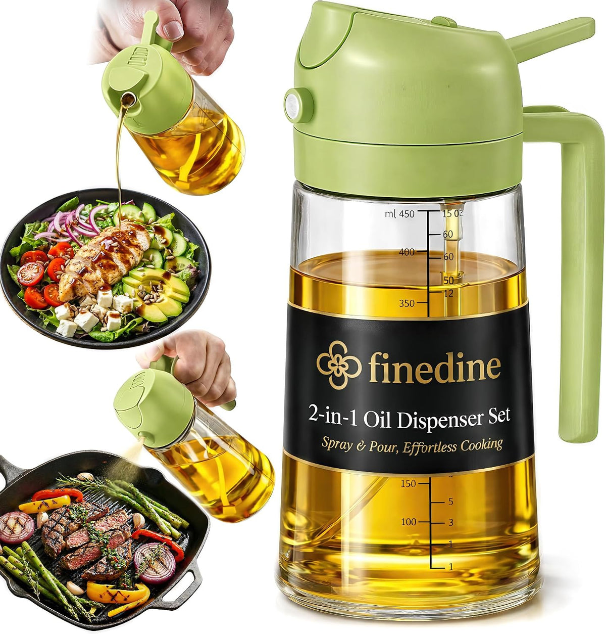 Limited-Time Deal - FineDine 16 oz Glass Olive Oil Sprayer for Cooking, Oil Dispenser, Black - Glass 2-in-1 olive oil dispenser bottle, oil dispenser for kitchen, oil spray bottle, mist or stream, anti-drip spout, salads