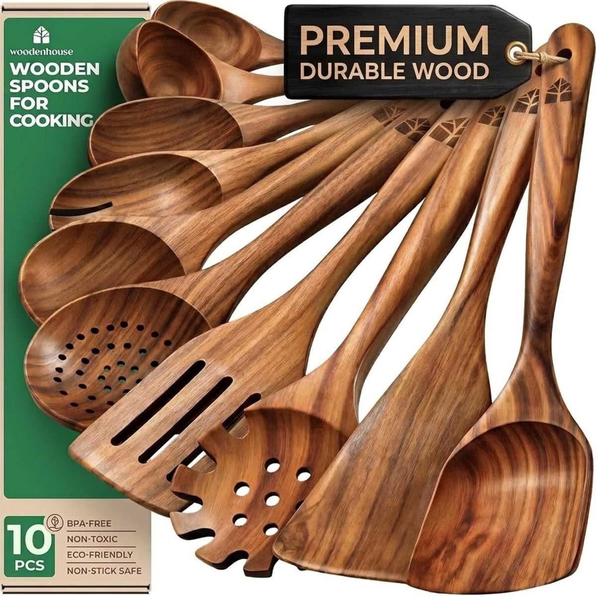 Best Seller - Wooden Spoons for Cooking – 10 Pcs Non Toxic Teak Kitchen Utensils Set - Includes spatula, turner, ladle, skimmer, pasta server & salad fork; heat resistant, nonstick safe, easy to clean