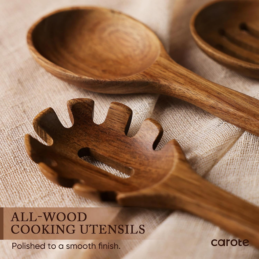 Best Seller - CAROTE Wooden Utensil Set, 8-Piece Acacia Wood Cooking Utensils - Nonstick Cookware Friendly, Durable, Heat-Resistant, Cool-Touch Handles, Hanging Loops, Everyday Kitchen Essentials