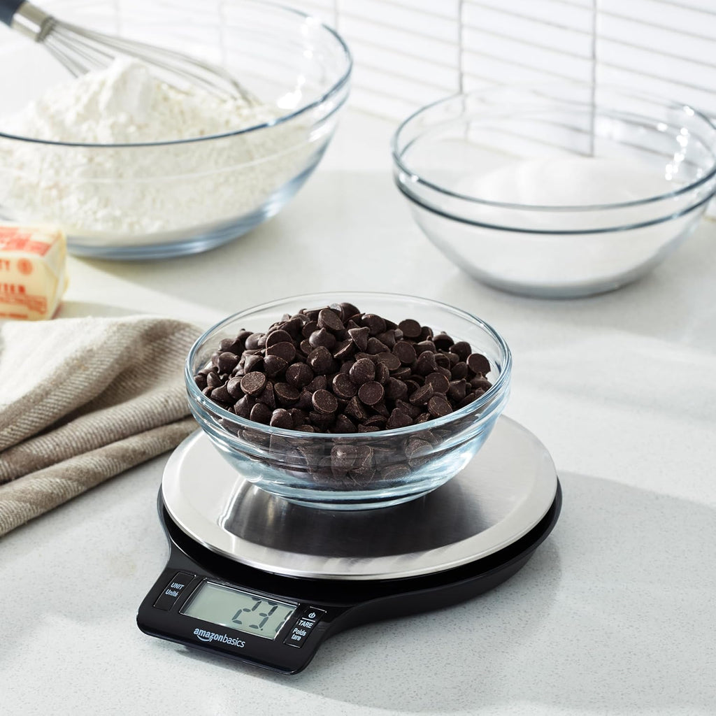 Best Seller - Amazon Basics Digital Kitchen Scale with LCD Display, Tare Function, Multiple Units, Weighs up to 11 Pounds, Batteries Included, Black and Stainless Steel