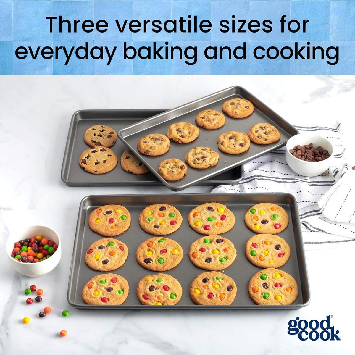 Best Seller - GoodCook Everyday Nonstick Baking Sheet Set, 3 Pack Includes Small (13×9) Medium (15×1) and Large (17×11) Pans Carbon Steel Construction Cookie Sheets Bakeware Set, Gray