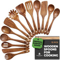 Best Seller - Wooden Spoons for Cooking – 10 Pcs Non Toxic Teak Kitchen Utensils Set - Includes spatula, turner, ladle, skimmer, pasta server & salad fork; heat resistant, nonstick safe, easy to clean