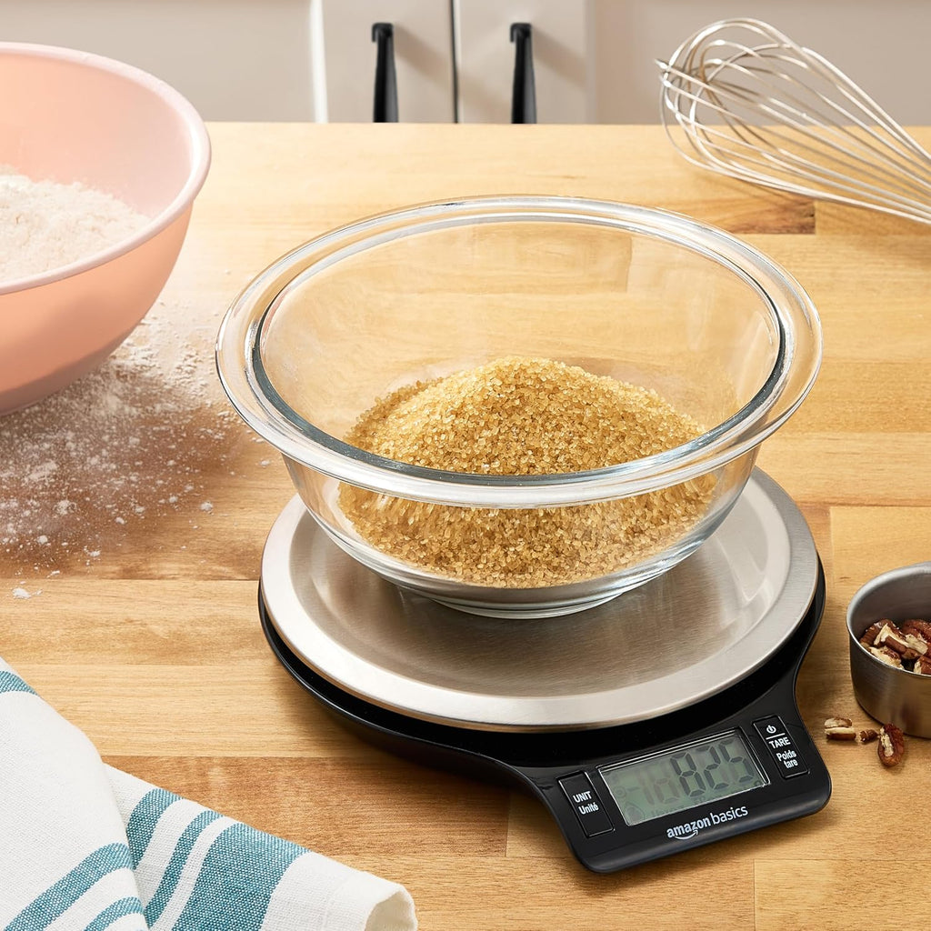 Best Seller - Amazon Basics Digital Kitchen Scale with LCD Display, Tare Function, Multiple Units, Weighs up to 11 Pounds, Batteries Included, Black and Stainless Steel