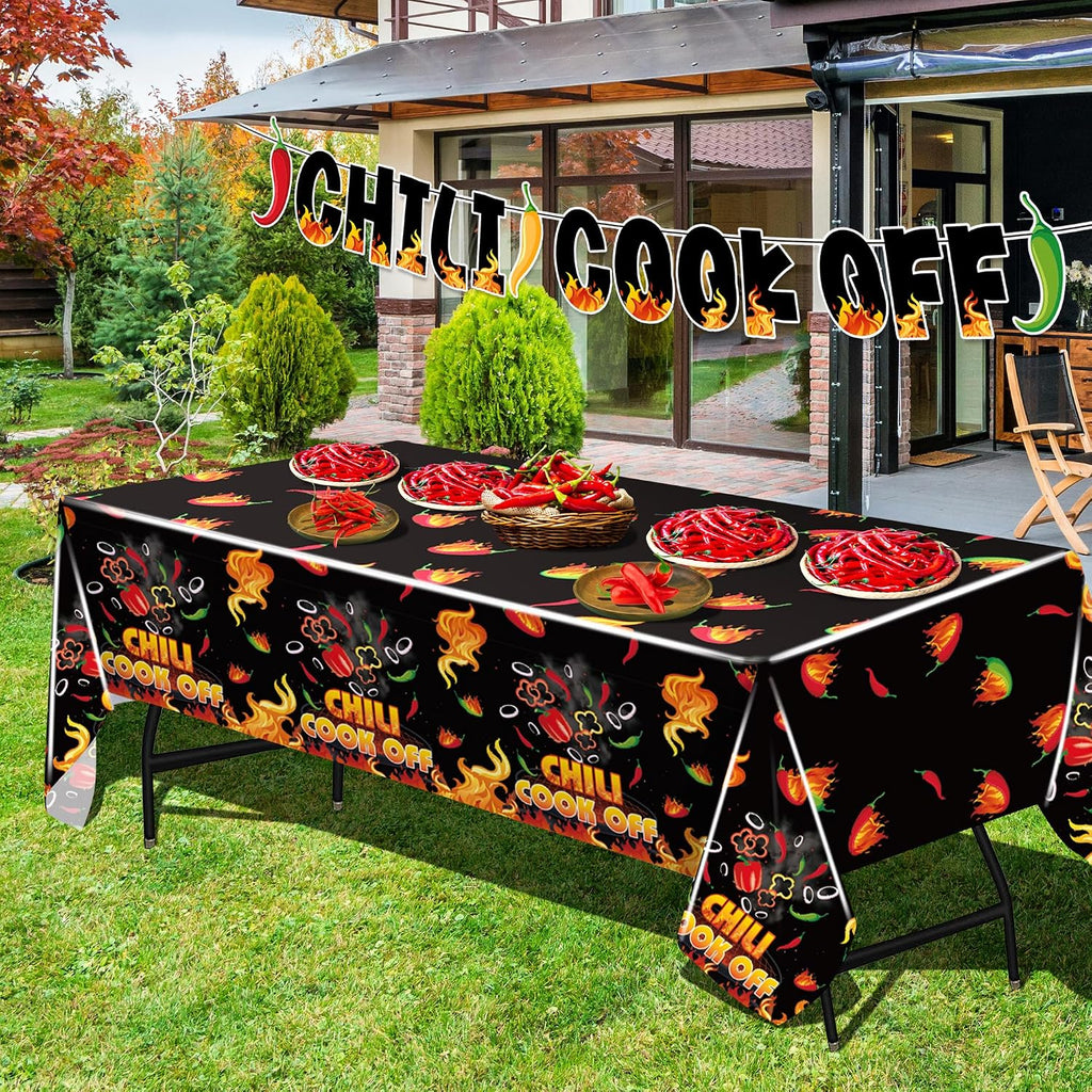 Limited-Time Deal - 4 Pcs Black Chili Cook Off Table Decoration Set, Chilis Pepper Party Decor - Disposable 108 x 54 Chilis Peppers Flame Table Covers 33 Ft Cooking Chili Contest Banner Ornaments Party Supplies