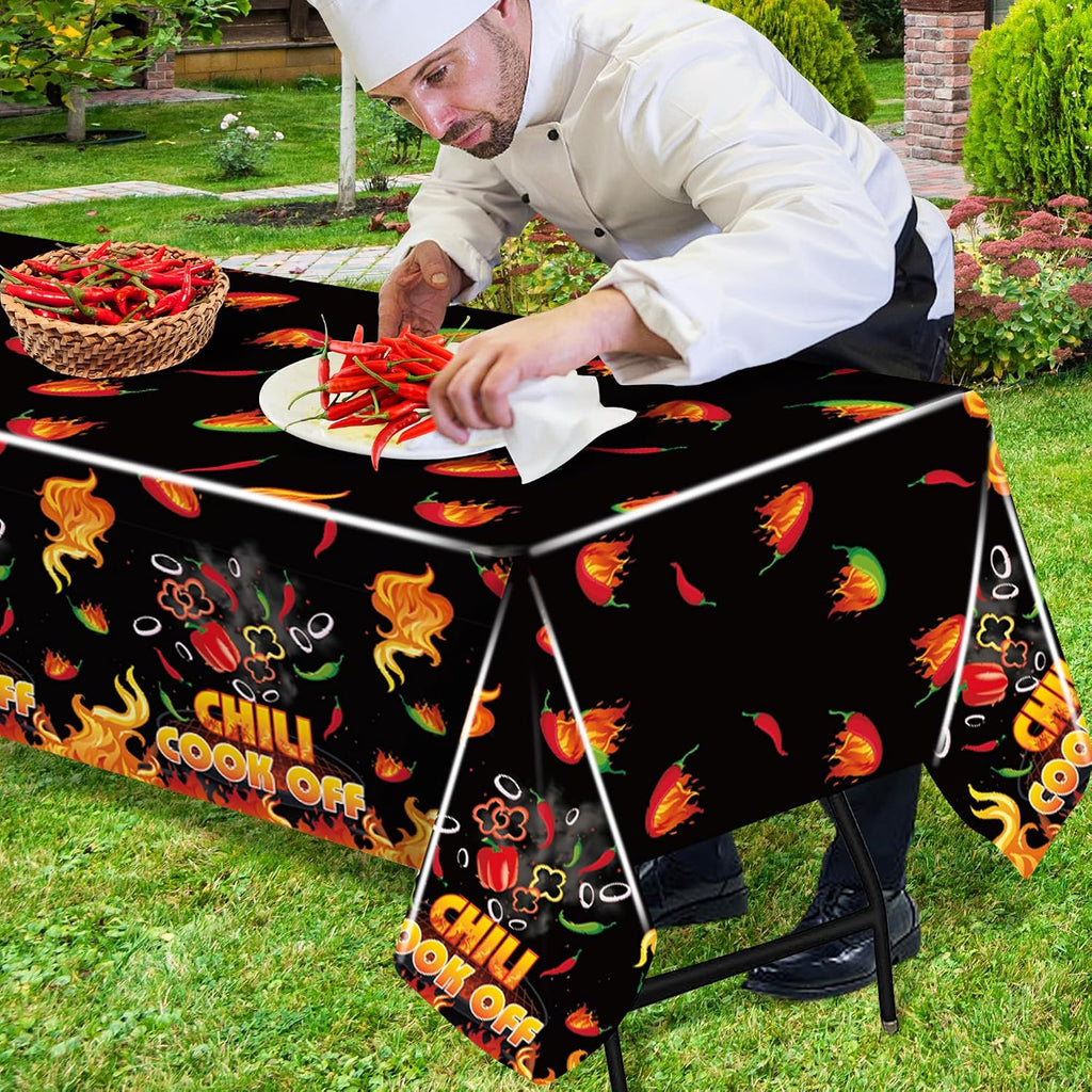 Limited-Time Deal - 4 Pcs Black Chili Cook Off Table Decoration Set, Chilis Pepper Party Decor - Disposable 108 x 54 Chilis Peppers Flame Table Covers 33 Ft Cooking Chili Contest Banner Ornaments Party Supplies