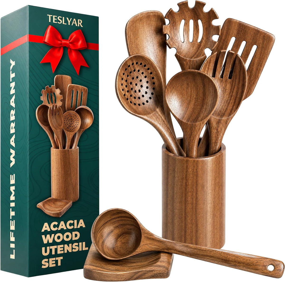 Best Seller - TESLYAR Wooden Spoons for Cooking, Acacia Wood Kitchen Utensil Set, 6 Pcs - Non toxic spatula, turner, skimmer, salad fork, serving and mixing spoons, safe for nonstick pans, housewarming gift