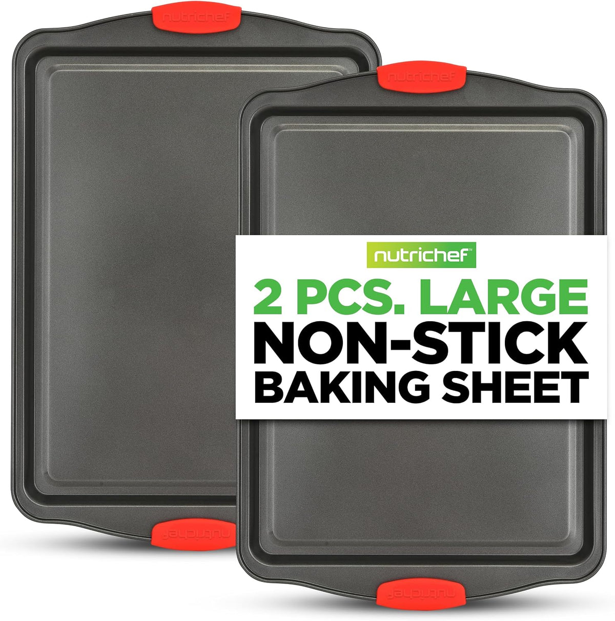 NutriChef 3?Piece Nonstick Cookie Sheets – Carbon Steel Baking Sheet Set with Non Stick Coating & Red Silicone Handles – Oven Pans for Family Baking