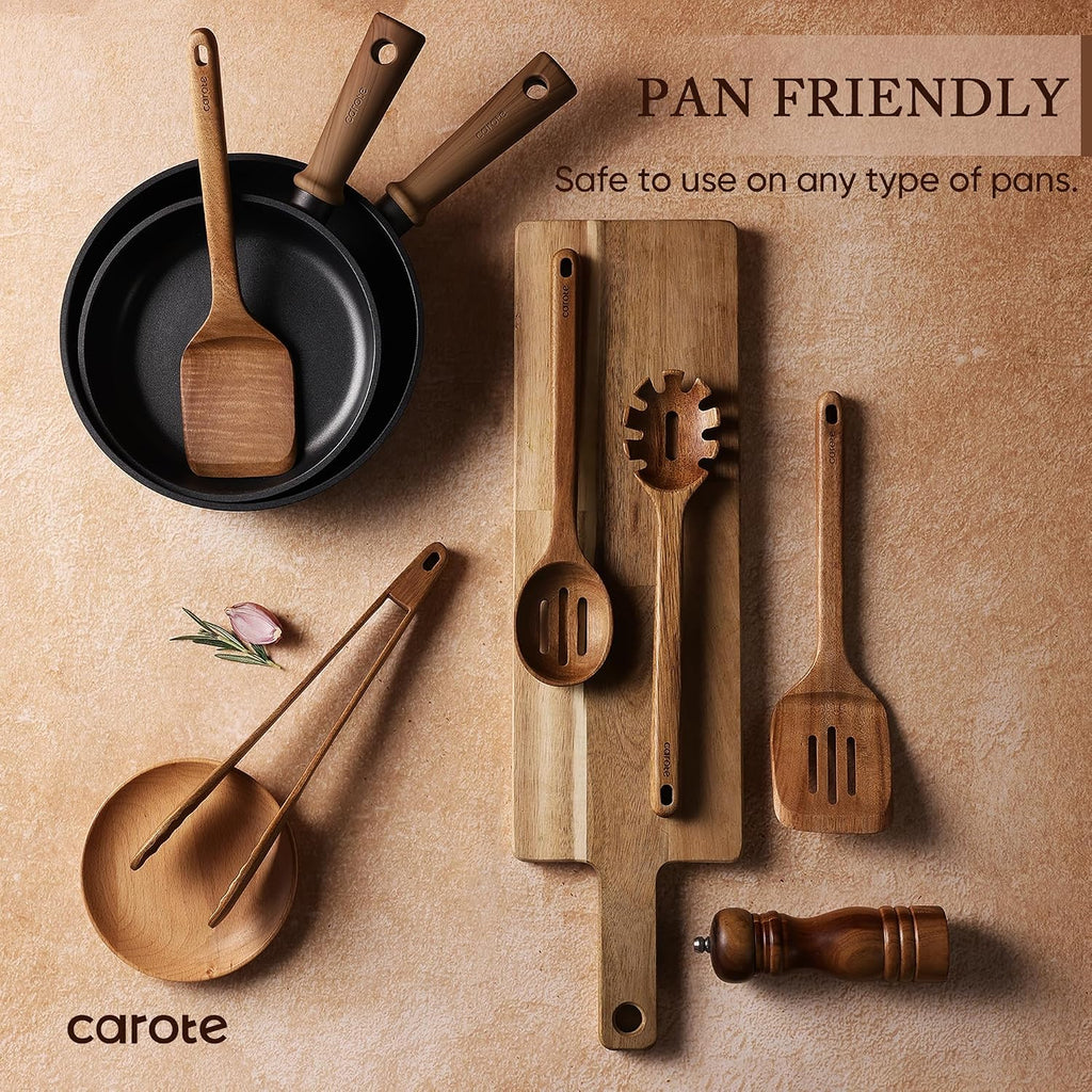 Best Seller - CAROTE Wooden Utensil Set, 8-Piece Acacia Wood Cooking Utensils - Nonstick Cookware Friendly, Durable, Heat-Resistant, Cool-Touch Handles, Hanging Loops, Everyday Kitchen Essentials
