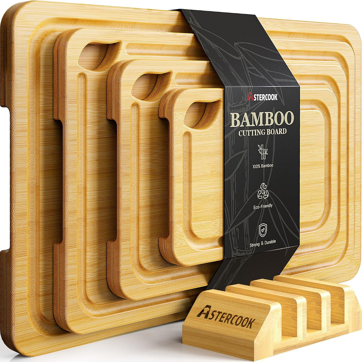 Hot Sale - Astercook Deep-Carbonized Bamboo Cutting Boards for Kitchen with Wood Storage Stand, Reversible Charcuterie & Chopping Boards with Juice Grooves and Easy-Grip Handles, Fathers Day Gift for Men