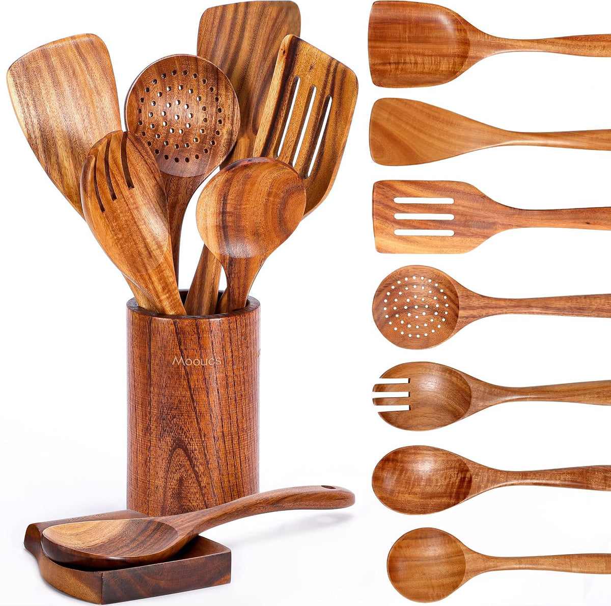 Special Offer - Mooues Wooden Kitchen Utensil Set, 9 Piece Natural Teak with Spoon Rest - Wooden Cooking Utensils with Comfort Grip, Smooth Durable Heat Resistant Cooking Spoons and Utensils Holder for Cooking