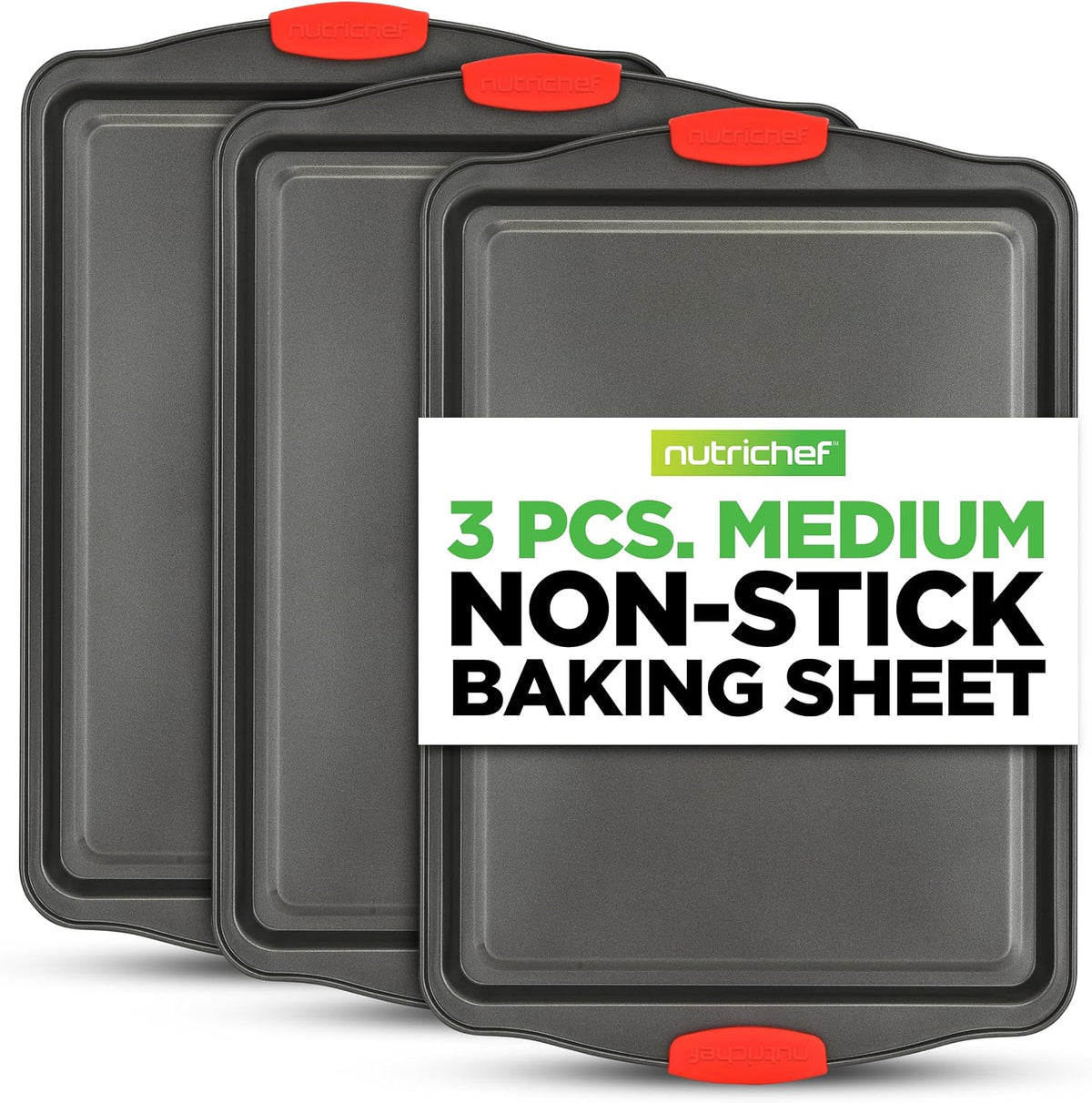 NutriChef 3?Piece Nonstick Cookie Sheets – Carbon Steel Baking Sheet Set with Non Stick Coating & Red Silicone Handles – Oven Pans for Family Baking