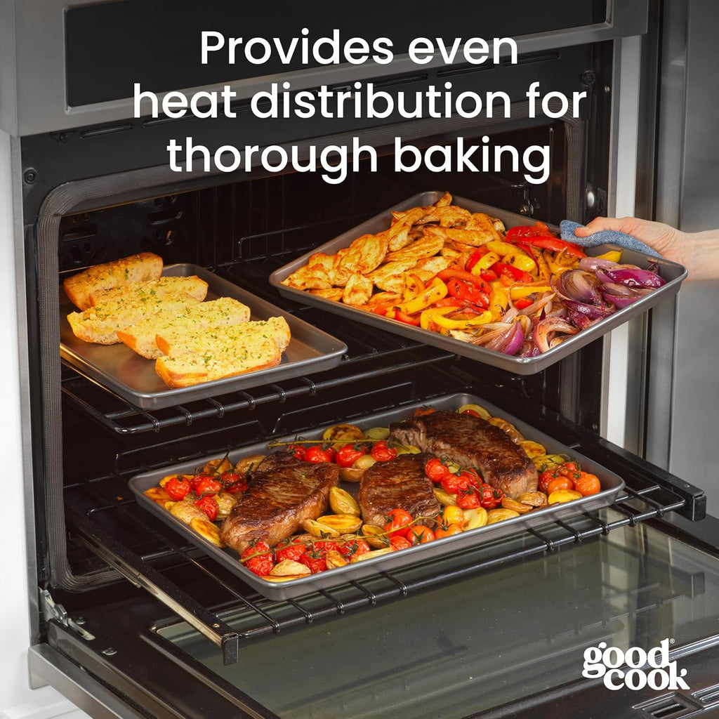 Best Seller - GoodCook Everyday Nonstick Baking Sheet Set, 3 Pack Includes Small (13×9) Medium (15×1) and Large (17×11) Pans Carbon Steel Construction Cookie Sheets Bakeware Set, Gray