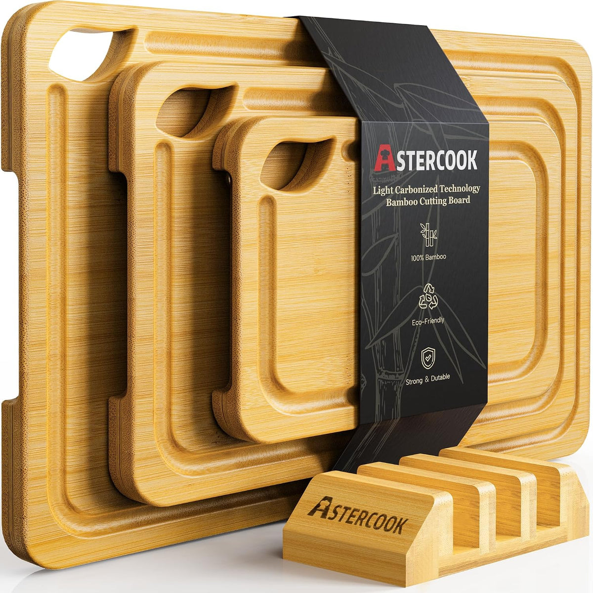 Hot Sale - Astercook Deep-Carbonized Bamboo Cutting Boards for Kitchen with Wood Storage Stand, Reversible Charcuterie & Chopping Boards with Juice Grooves and Easy-Grip Handles, Fathers Day Gift for Men