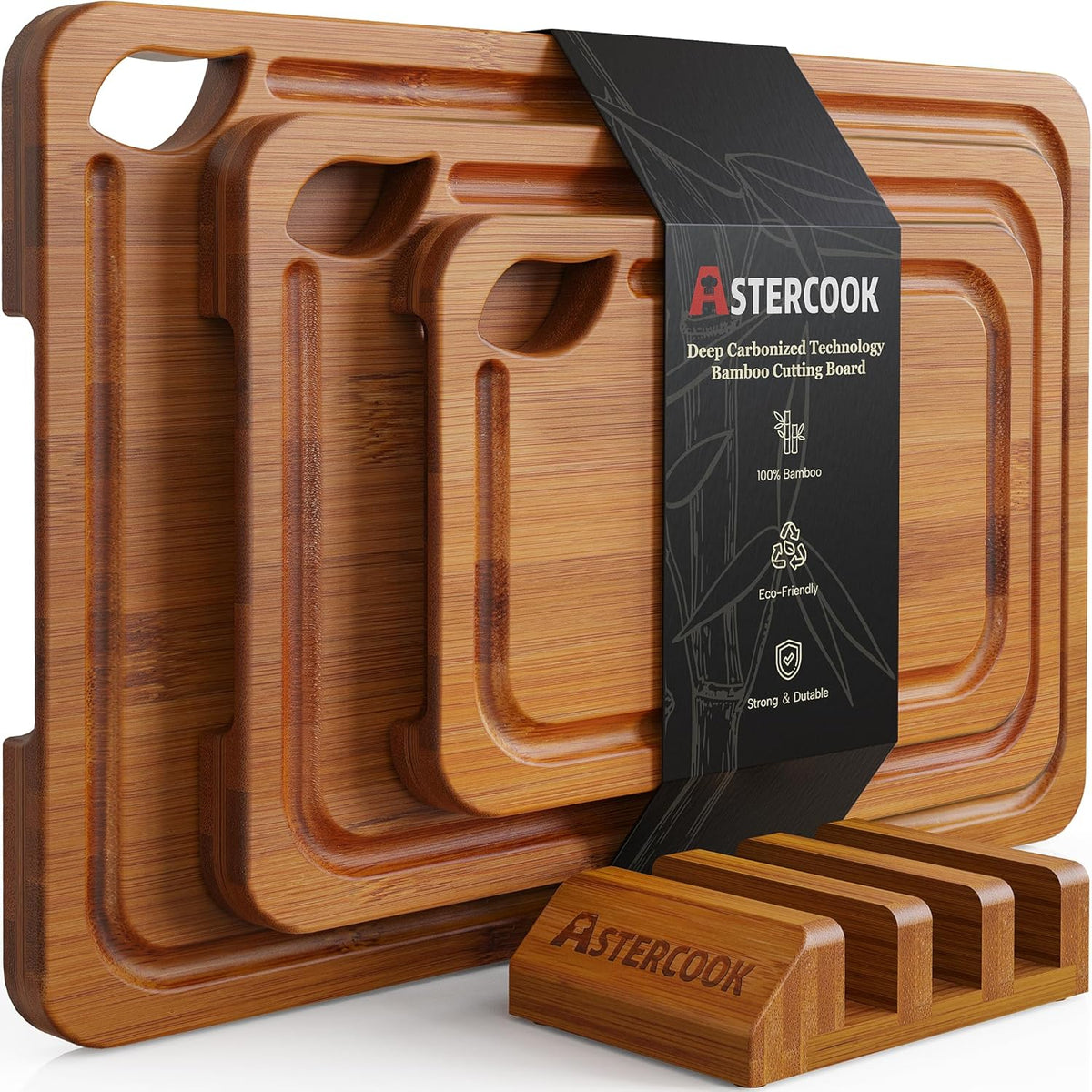 Hot Sale - Astercook Deep-Carbonized Bamboo Cutting Boards for Kitchen with Wood Storage Stand, Reversible Charcuterie & Chopping Boards with Juice Grooves and Easy-Grip Handles, Fathers Day Gift for Men